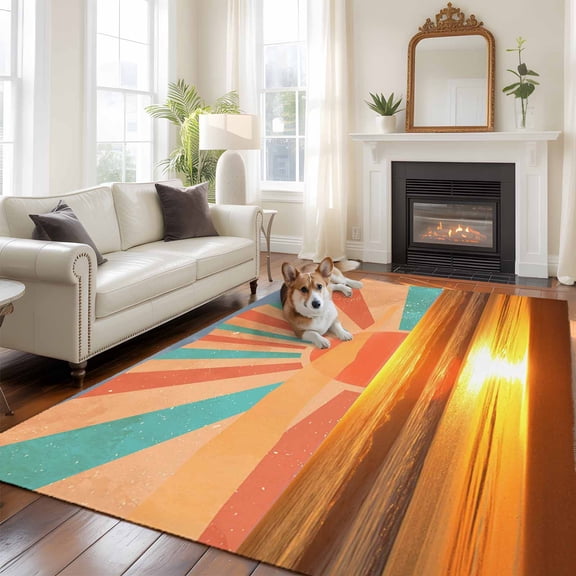 Abstract Sunset Large Area Rugs 5x8 ft Seaside Orange Landscape Vintage Collage Washable Rug Non Slip Indoor Carpet Absorbent Floor Mat for Living Room Bedroom Dining Room