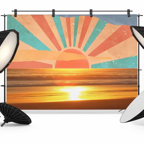Abstract Sunset Photography Backdrop 7x5FT, Seaside Orange Landscape Vintage Collage Photo Backdrops, Background for Photography Studio Photo Studio Background, Back Drop for Photoshoot