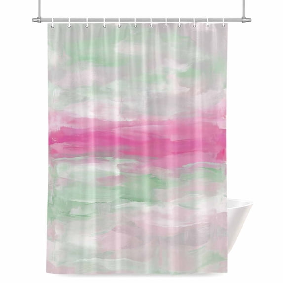 Abstract Sunset Shower Curtain, 48" x 72", Pink Green White Gradient Modern Oil Painting Waterproof Bathroom Curtain Washable Shower Curtain Set with 12 Hooks