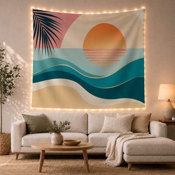 Abstract Sunset Over Teal Ocean Waves, Serene Minimalist for Beach Lovers, Tropical Wall Art, Housewarming Gift, Tapestry Wall Hanging for Bedroom and Living Room