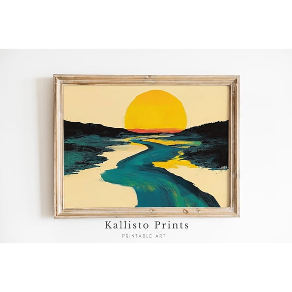 Abstract Sunset Wall Art, Bold River and Sun Print Poster, Minimalist Landscape work, Size 8x12 UNFFRAMED F03.1.6l2725