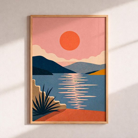 Abstract Sunset Wall Art Print, Boho Mountain Lake Minimalist Coastal Landscape Decor