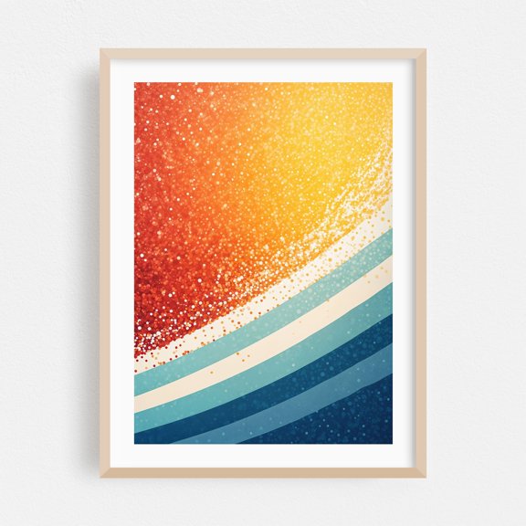 Abstract Sunset with Stripes - Digital Art Abstract Modern Art Geometric Retro Psychedelic Summer Oak Framed Wall Art Print 18 x 24 inches
