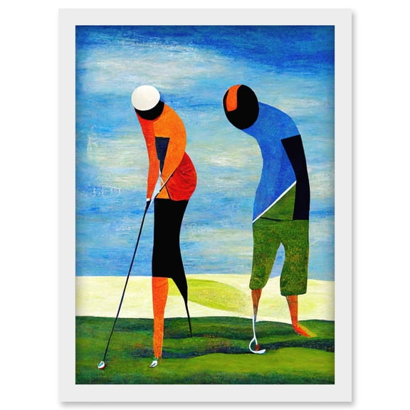 Abstract Surreal Modern Golf Golfing Couple Playing Artwork Framed Wall Art Print A4