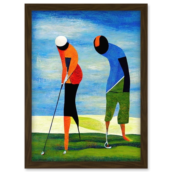 Abstract Surreal Modern Golf Golfing Couple Playing Artwork Framed Wall Art Print A4