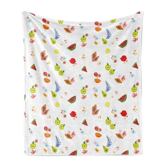 Abstract Surreal Soft Flannel Fleece Blanket, Mid Century Design Retro Style Flowers Fruits and Various Plants, Cozy Plush for Indoor and Outdoor Use, 50" x 60", White and Multicolor, by Ambesonne