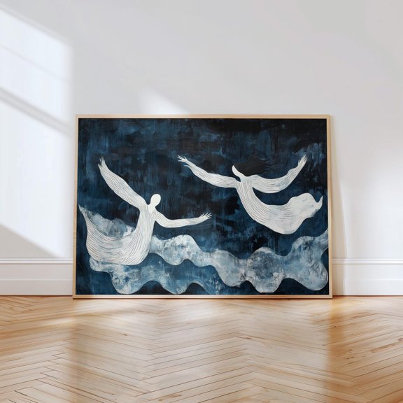 Abstract Surrealist Black And White Art Print, Dreamy Angelic Figures In Motion, Minimalist Etherealmodern Dark Blue Wall Art, Modern Wall Decor, 8x12 UNFRAMED