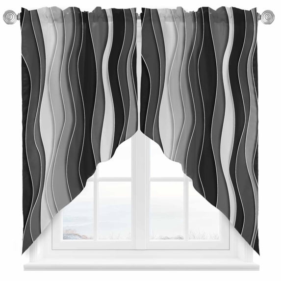 Abstract Swag Curtain Valance for Windows, Black Gray Gradient Waves Beach Lines Window Treatments Short Swag Topper for Kitchen Windows Bathroom Bedroom, 36"x36"