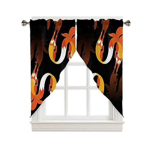 Abstract Swag Valance Curtains Hand Painted Art Animal Fox Orange Black ...