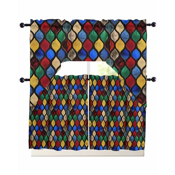 Abstract Swag Valance and Tier Curtains Set Stained Glass Moroccan Texture Kitchen Curtains 3 Piece Set Rod Pocket Panels for Bedroom Cafe Swag Valances and 36 inches Tiers