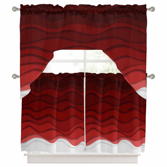 Abstract Swag Valance and Tier Set of 3, Red White Gradient Ocean Waves Swag Curtains Valances for Small Window Treatment Rod Pocket for Kitchen Bathroom 56x36in+27.5x24*2