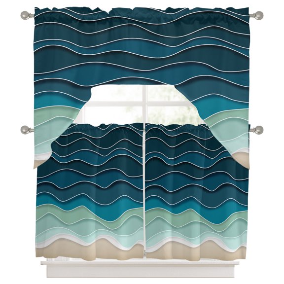 Abstract Swag Valance and Tier Set of 3, Water Duck Green Brown Gradient Ocean Waves Swag Curtains Valances for Small Window Treatment Rod Pocket for Kitchen Bathroom 56x36in+27.5x24*2
