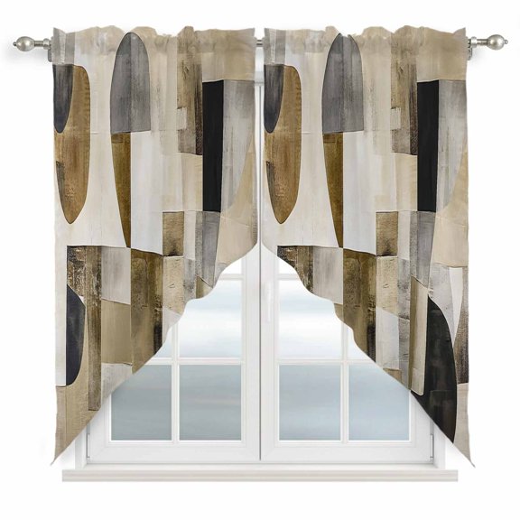 Abstract Swag Valances for Windows 2 Pack Brown Black Color Block Geometric Contemporary Swag Kitchen Curtains 36 Inches Long Rod Pocket Short Window Treatment for Kitchen Bathroom 28"x36"