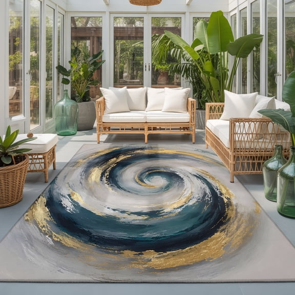 Abstract Swirl 9'x12' Large Area Rugs Modern Minimalist Gold Blue Spiraling Waves Washable Area Rugs Non-Slip Indoor Floor Mats Large Carpet for Living Room Bedroom Dining Room