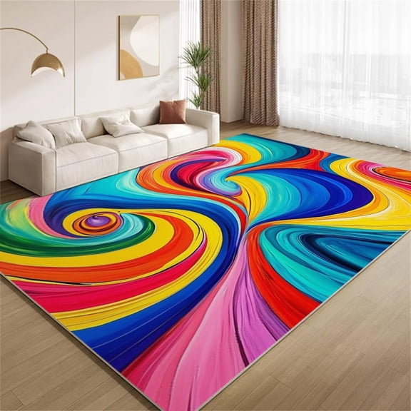 Abstract Swirl Area Rugs, Multicolor Wavy Stripe Design Carpet, Washable Non Slip Low Pile Soft Rug for Living Room Bedroom Study Decor Mat 3ftx5ft