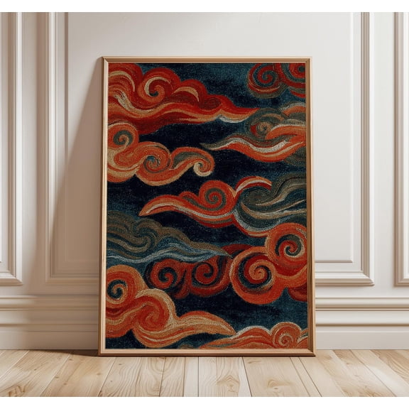 Abstract Swirl Art Retro Wave Pattern Red Blue Mid Century Decor Unframed Paper Print
