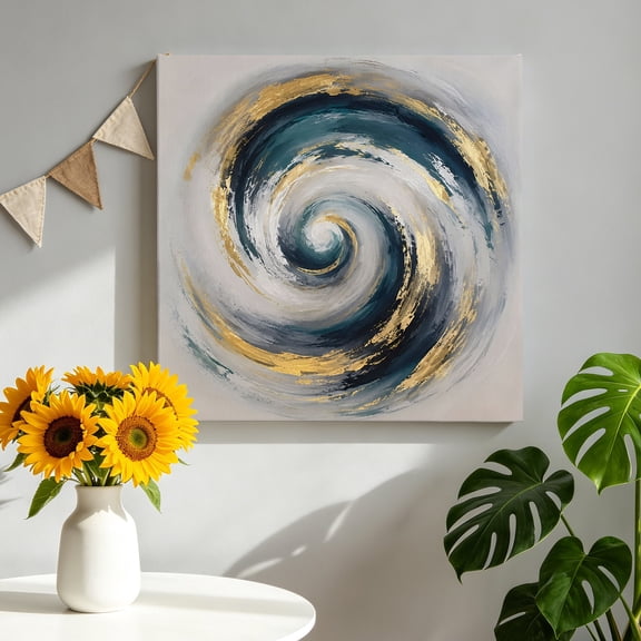 Abstract Swirl Canvas Wall Art, Modern Minimalist Gold Blue Spiraling Waves Framed Canvas Wall Decor Picture Print Artwork Decorations for Living Room Office Ready to Hang 8" x 8"