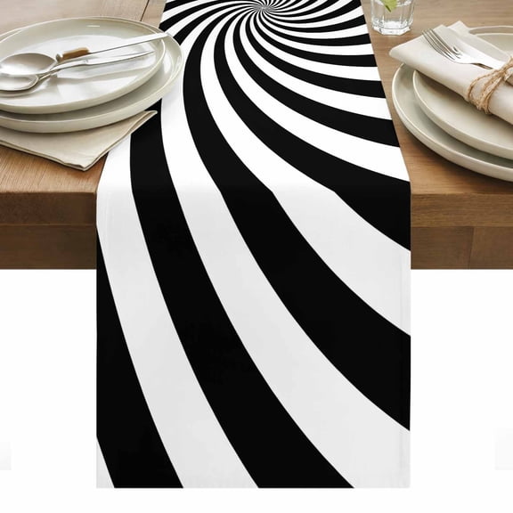 Abstract Swirl Lines Cotton Linen Table Runner 3D Black White Minimalist Dynamic Swirl Lines Dining Table Runners for Home Decor Party Dining Room Restaurant Kitchen Party 13" x 36"