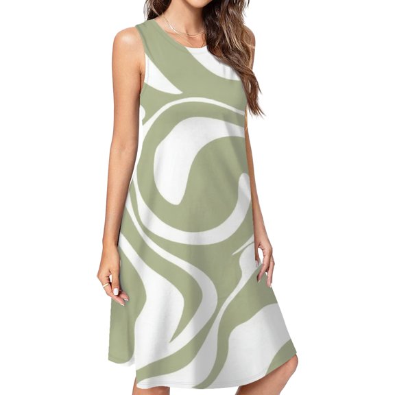 Abstract Swirl Pattern Sage Green White Spring Summer Dresses For Women Fashion Dress Casual Sleeveless Loose Sundress With Pockets