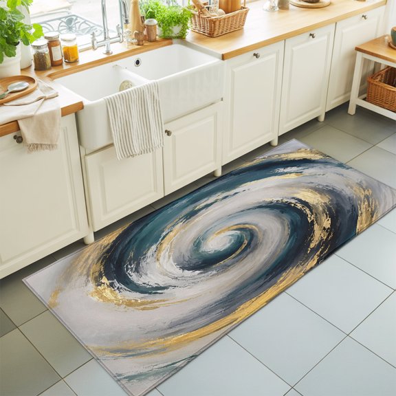 Abstract Swirl Runner Rug 2'x6' Modern Minimalist Gold Blue Spiraling Waves Hallway Runner Rugs Washable Non-Slip Bedside Floor Mats Carpet for Kitchen Bedroom Laundry Room Bathroom