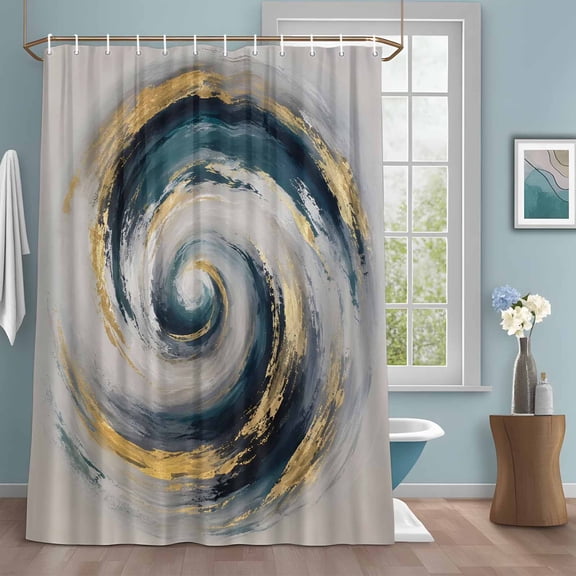 Abstract Swirl Shower Curtain with Hooks, Modern Minimalist Gold Blue Spiraling Waves Water Repellent Shower Curtains for Bathroom Decor Sturdy Shower Curtain, Machine Washable 36x72 Inch