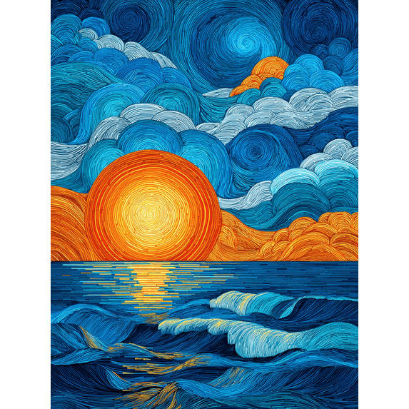 Abstract Swirl Sun Ocean Canvas Wall Art, Modern Coastal Print for Living Room, Bedroom, Office and Cafe Decor