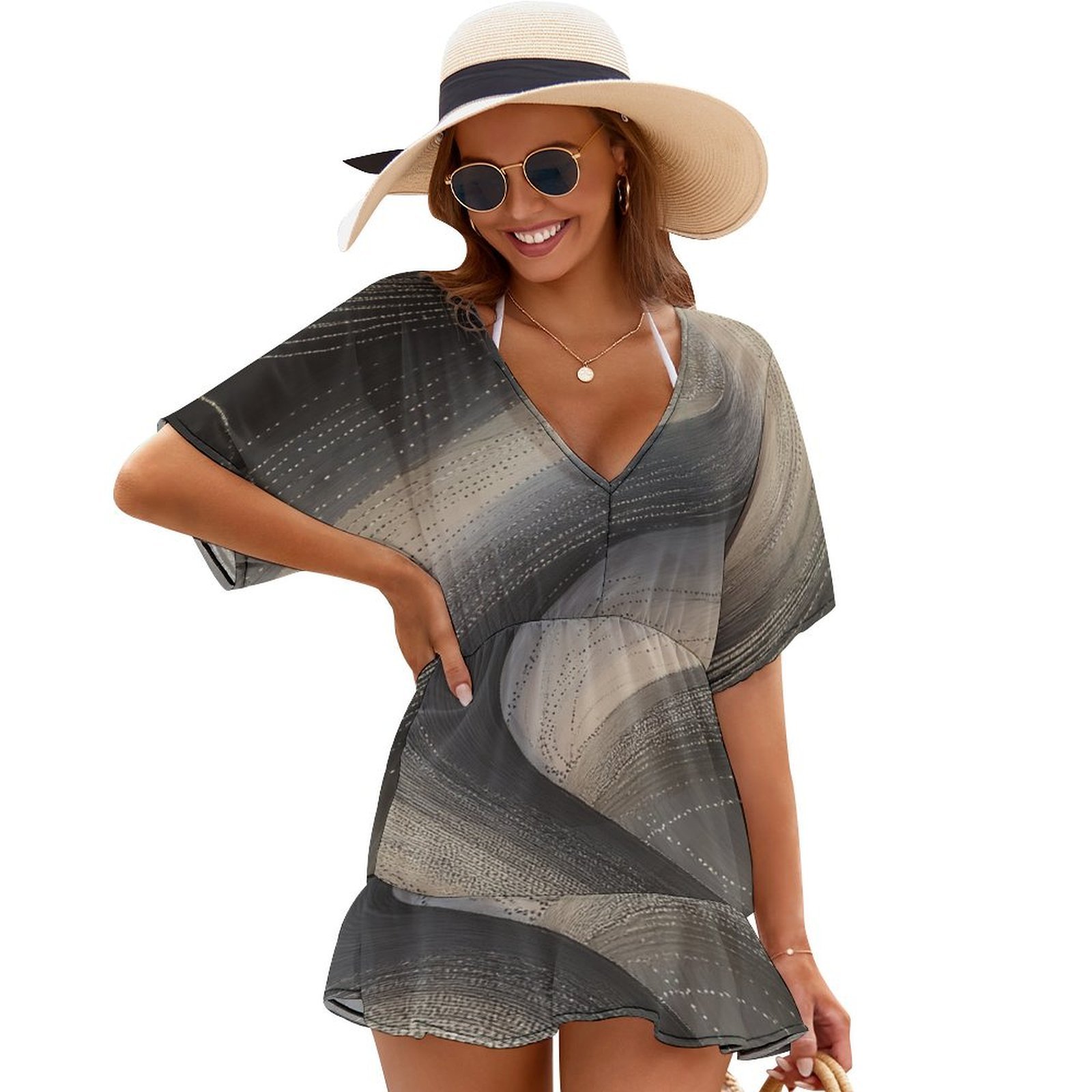 Abstract Swirling Beige Grey Art Beach Cover Ups Women V Neck Short ...