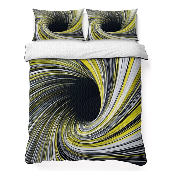 Abstract Swirling Vortex 3 Piece Quilt Bedding Set with 2 Pillow Shams, Yellow Gray Spiral Lines Dynamic Lightweight Bedspread Coverlet, Soft Breathable All Season Quilt, 68 x 86 Inch