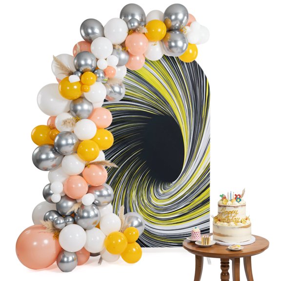 Abstract Swirling Vortex Arch Backdrop Cover 7.2FT Yellow Gray Spiral Lines Dynamic Spandex Fitted Arch Covers Stretchy Backdrop Decoration for Wedding Birthday Graduation Party