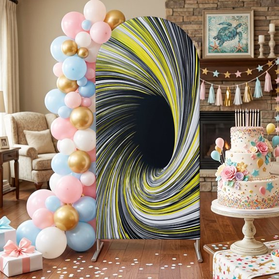 Abstract Swirling Vortex Arch Backdrop Covers 5 FT, Yellow Gray Spiral Lines Dynamic Stretchy Fitted Arched Stand Covers Party Arch Stand Cover Photo Booth for Wedding Birthday Decor