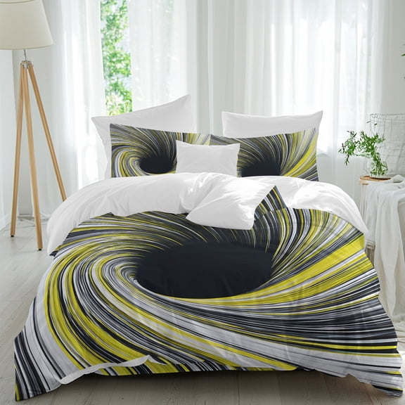 Abstract Swirling Vortex Duvet Cover Set Twin Size, Yellow Gray Spiral Lines Dynamic 4 Piece Soft Microfiber Bedding Set with Zipper Closure, 1 Comforter Cover, 1 Flat Sheet, 2 Pillowcases