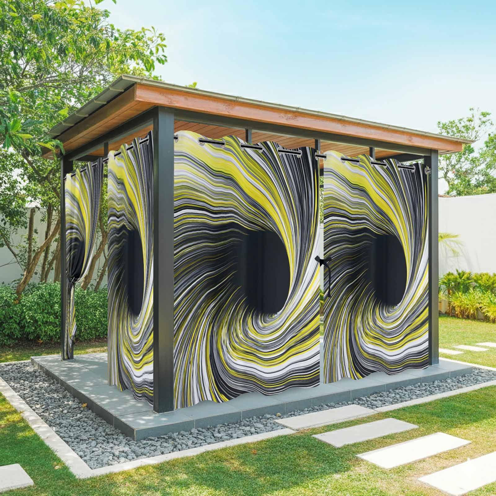 Abstract Swirling Vortex Outdoor Curtains for Patio, Yellow Gray Spiral Lines Dynamic Sunshade Privacy Drapes Grommet Waterproof Outside Curtains for Porch/Cabana/Balcony 54"x 108", 1 Panel