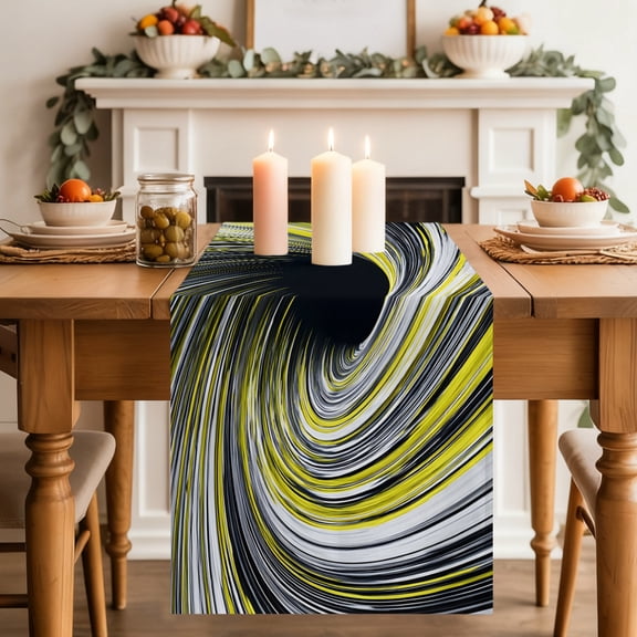 Abstract Swirling Vortex Table Runner, Yellow Gray Spiral Lines Dynamic Washable Cotton-linen Table Runners Dining Kitchen Decoration for Everyday Home Wedding Party Decor, 13 x 36 Inch