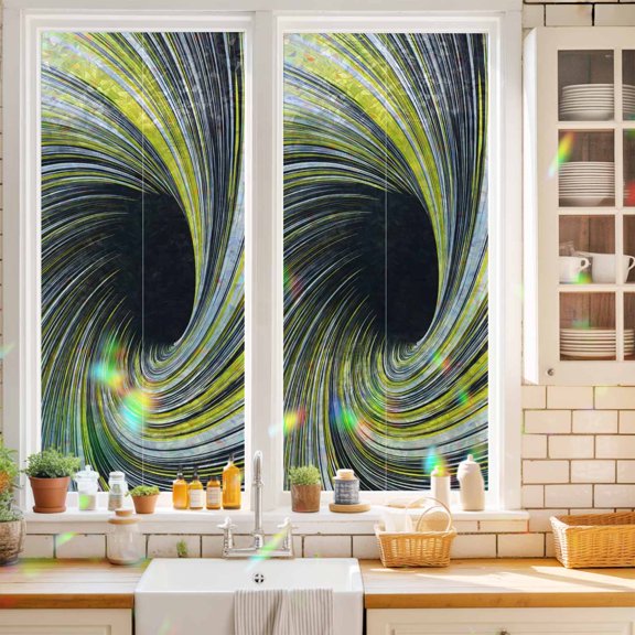 Abstract Swirling Vortex Window Privacy Film Yellow Gray Spiral Lines Dynamic Static Cling Stained Glass Window Film Non-Adhesive Decorative Decals Rainbow Sticker 17.7"X39.3"