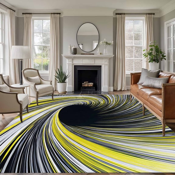 Abstract Swirling Vortex Yellow Gray Spiral Lines Dynamic , Soft Non Slip Rugs Stain Repellent Indoor Felt Carpet for Living Dining Room Bedroom Home Office