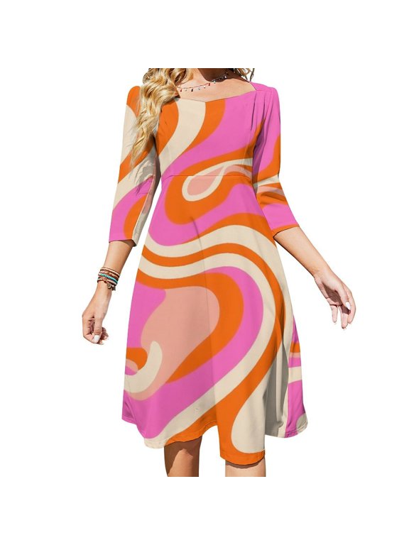 Abstract Swirls Orange Pink Cream Womens Summer Dress Tie Back A Line Flare Dress