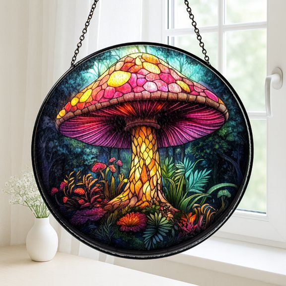 Abstract Synesthesia Mushroom Stained Glass Suncatcher Window Hanging, Vibrant Artistic Expression Decor