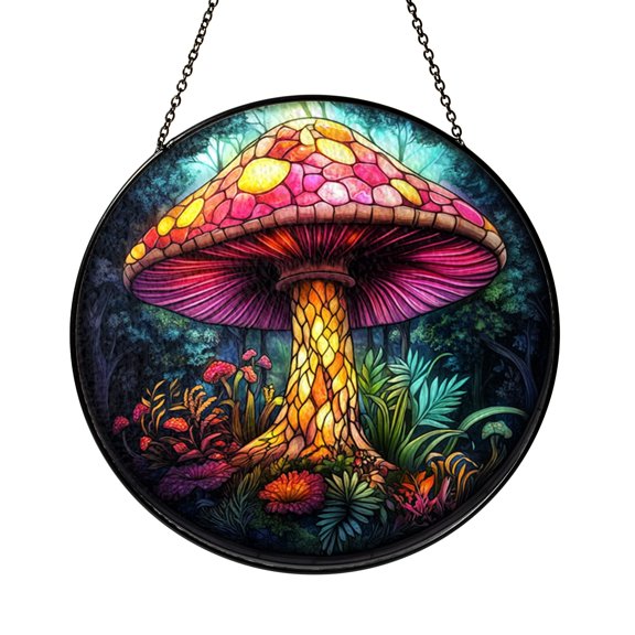 Abstract Synesthesia Mushroom Stained Glass Suncatcher Window Hanging, Vibrant Artistic Expression Decor