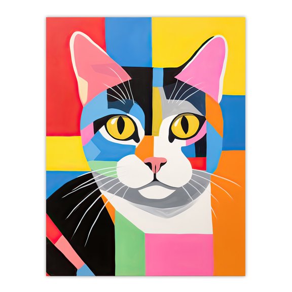 Abstract Tabby Cat Oil Painting Vibrant Geometric Fun Pet Portrait Extra Large XL Wall Art Poster Print
