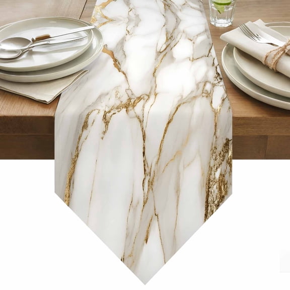 Abstract Table Runner 120 Inches Long White Marble Pattern Gold Crack Texture Minimalism Table Runners for Dining Room Tabletop Dresser Scarf Home Party Banquet Wedding Holiday Decoration