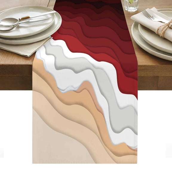 Abstract Table Runner 13 x 36 Inch, Red Gradient Ocean Beach Waves Washable Cotton Linen Dining Table Runner Tabletop Decorations for Restaurant Home Kitchen Party