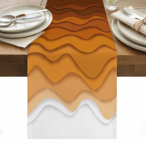 Abstract Table Runner 13 x 60 Inch, Yellow White Gradient Ocean Waves Washable Cotton Linen Dining Table Runner Tabletop Decorations for Restaurant Home Kitchen Party