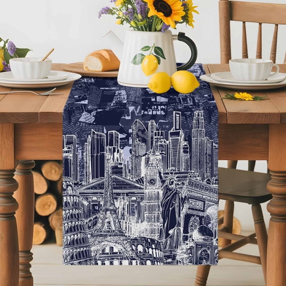 Abstract Table Runner 13x36 Inch Navy Blue and White Global Landmarks Collage Art Cotton Linen Dining Table Runner Ideal for Dresser Kitchen Coffee Tables - Machine Washable