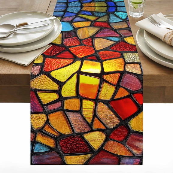 Abstract Table Runner 13x36 inch Stained Glass Texture Cotton Linen Dining Table Runner Ideal for Dresser Kitchen Coffee Tables - Machine Washable