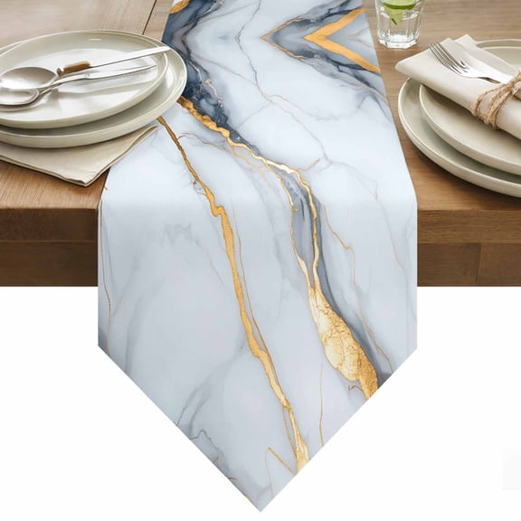 Abstract Table Runner 36 Inches Long Grey White Marble Texture Golden Lines Table Runners for Dining Room Tabletop Dresser Scarf Home Party Banquet Wedding Holiday Decoration