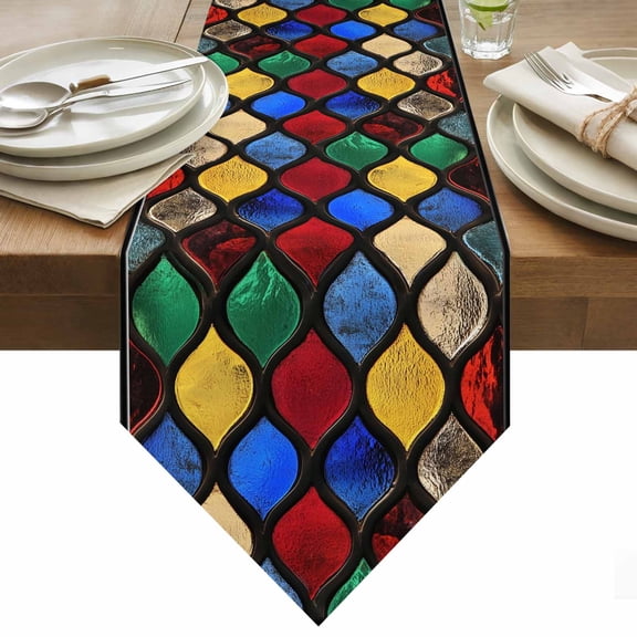 Abstract Table Runner 36 Inches Long Stained Glass Moroccan Texture Table Runners for Dining Room Tabletop Dresser Scarf Home Party Banquet Wedding Holiday Decoration