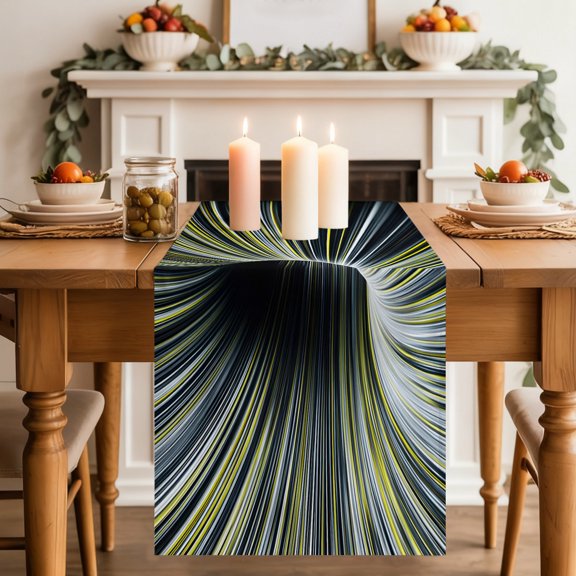 Abstract Table Runner, Lemon Yellow White Linear Warp Optical Tunnel Concentric Line Washable Cotton-linen Table Runners Dining Kitchen Decoration for Everyday Home Wedding Party Decor, 13 x 36 Inch