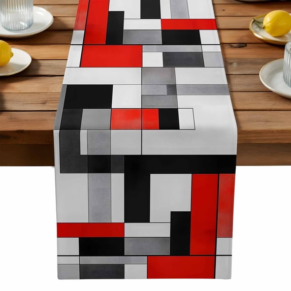 Abstract Table Runner, Medieval Red Black Geometrical Art Kitchen Table Runners Dress Scarves for Table Decorations Party/Restaurant/Indoor Outdoor Use, 13x72in