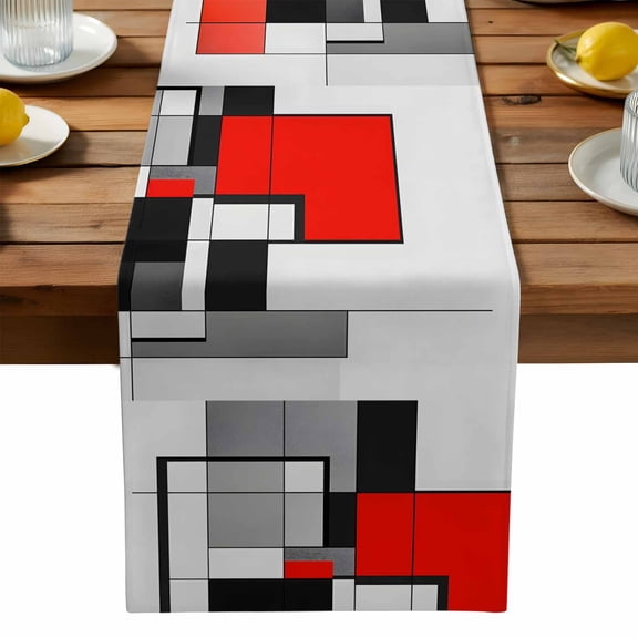 Abstract Table Runner, Medieval Red Black Geometrical Kitchen Table Runners Dress Scarves for Table Decorations Party/Restaurant/Indoor Outdoor Use, 13x108in