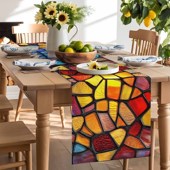 Abstract Table Runner, Stained Glass Texture Washable Kitchen Table Runners Dress Scarves for Dining Table Decorations Party/Restaurant/Indoor Outdoor Use, 13x48in